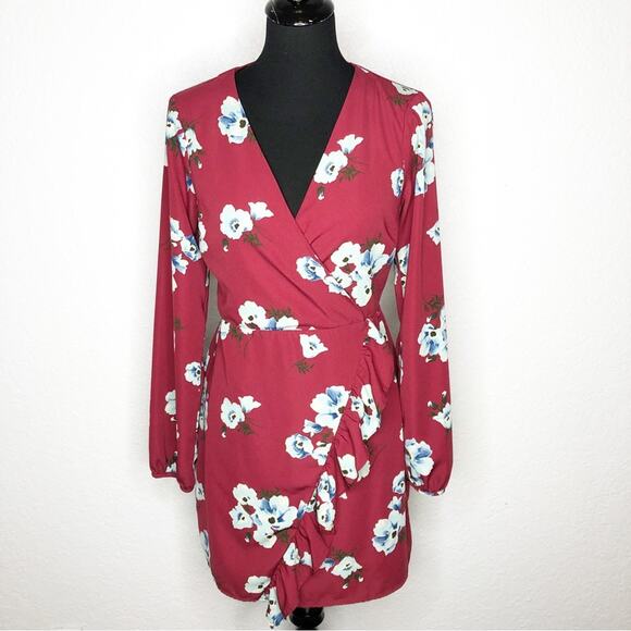 Lulus Fascinating Fun burgundy floral wrap dress size Small feminine flirty - Picture 1 of 16